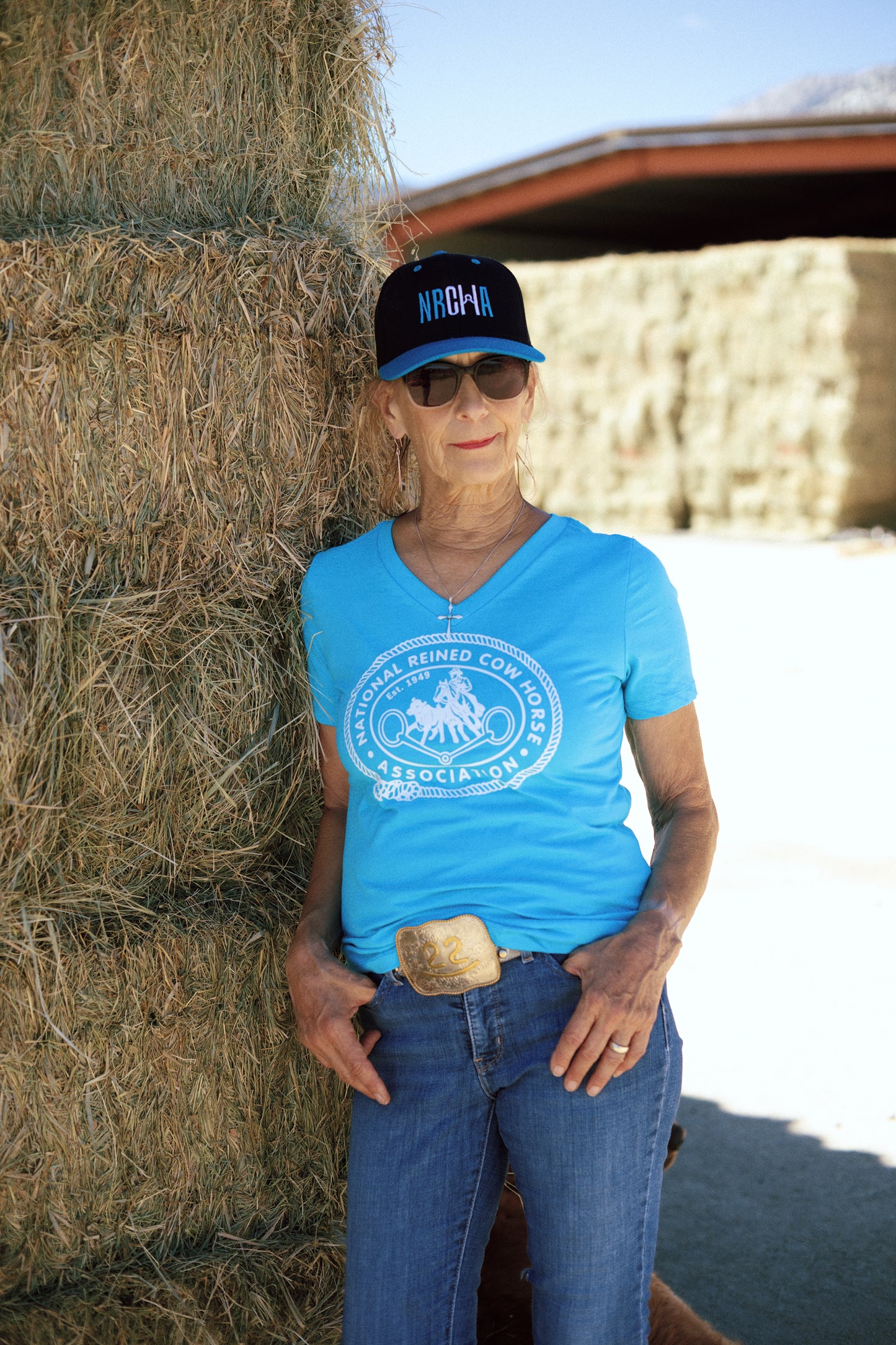 Ladies NRCHA Turquoise Retro Logo V Neck T-shirt