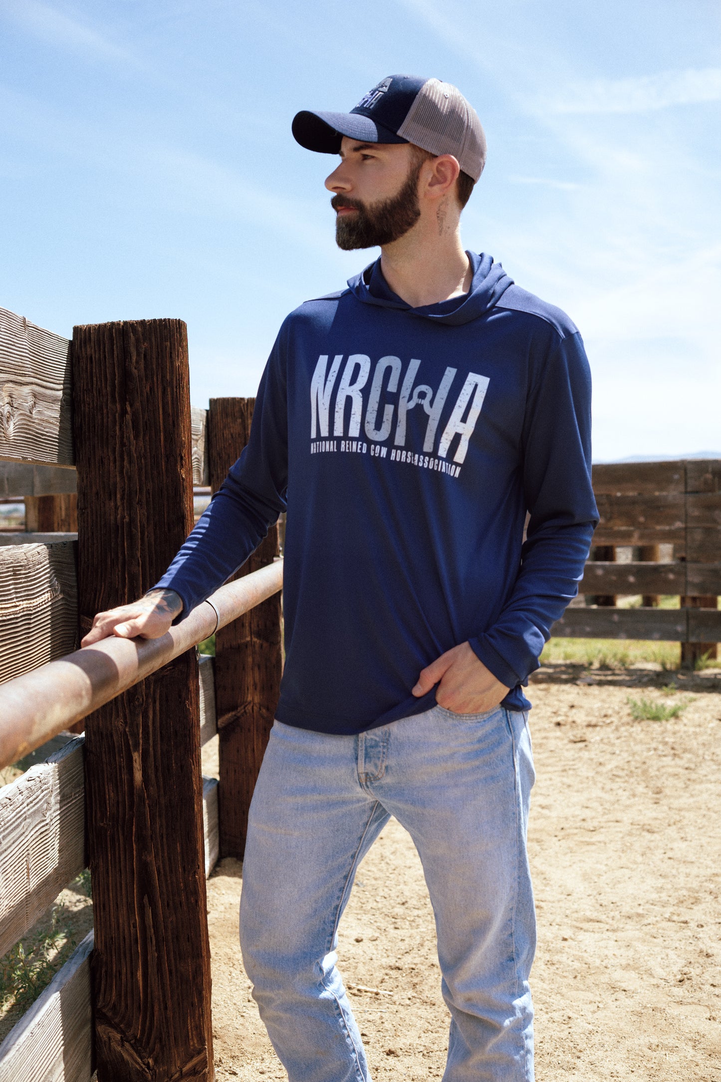 NRCHA Logo Unisex Sun Protection Navy Hooded Long Sleeve Tee