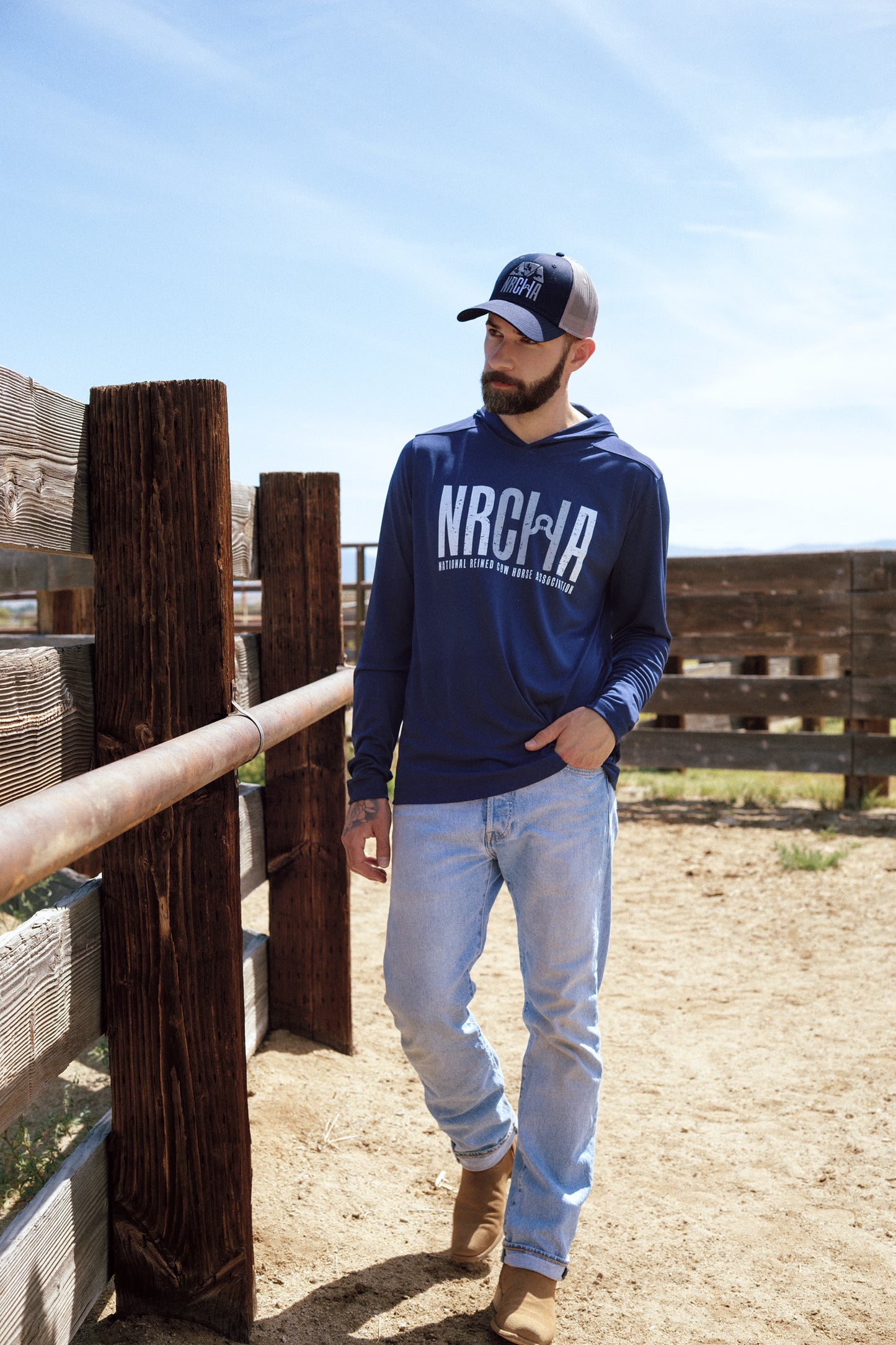 NRCHA Logo Unisex Sun Protection Navy Hooded Long Sleeve Tee