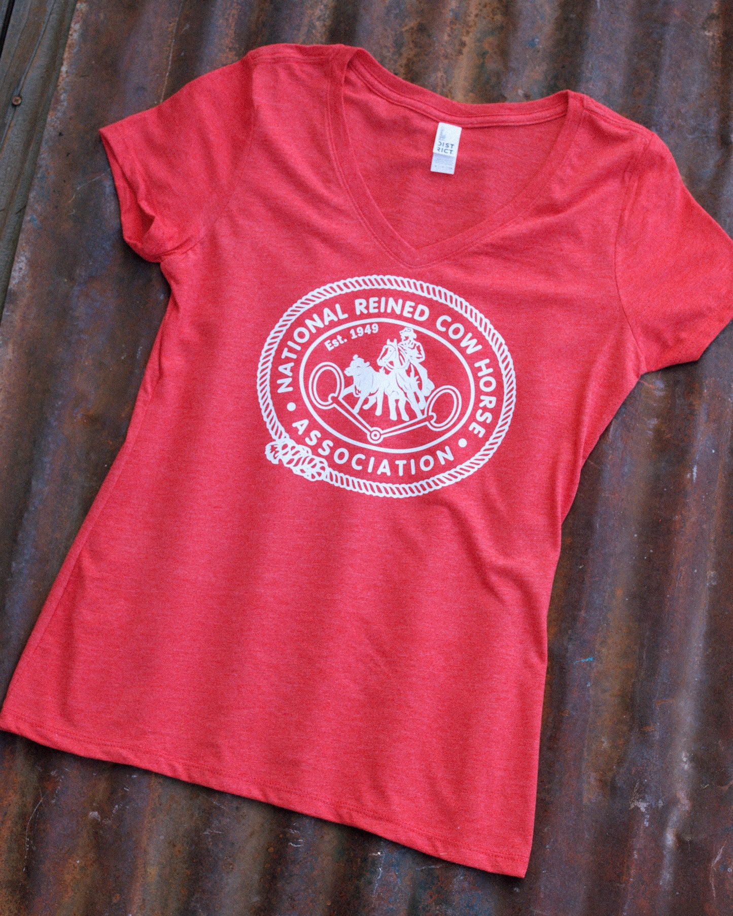 NRCHA Ladies Vintage Logo Red Heather Short Sleeve V-Neck T-shirt