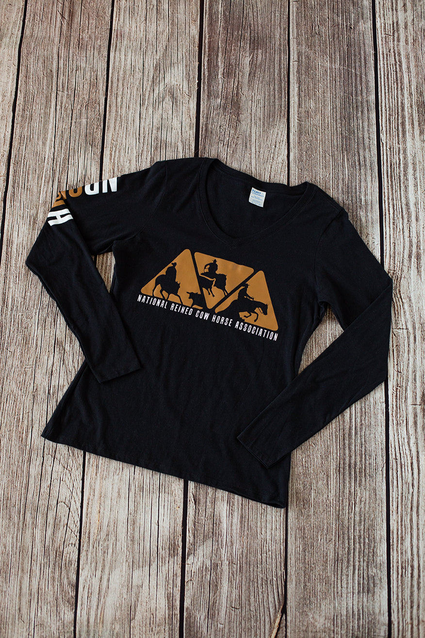 Women's NRCHA Logo Black V Neck Long Sleeve Tee