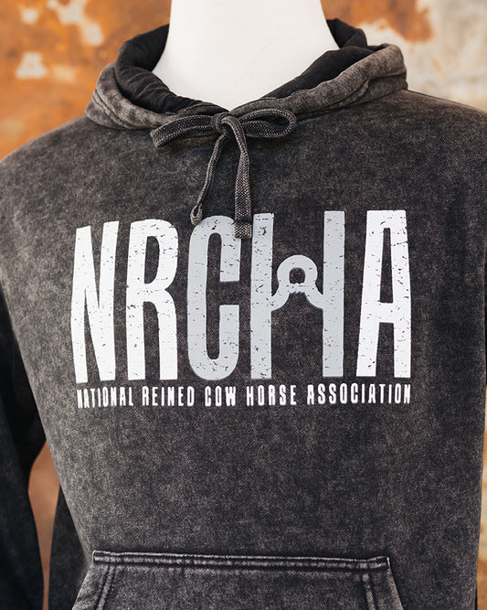NRCHA Unisex Distressed Logo Black Mineral Wash Hoodie
