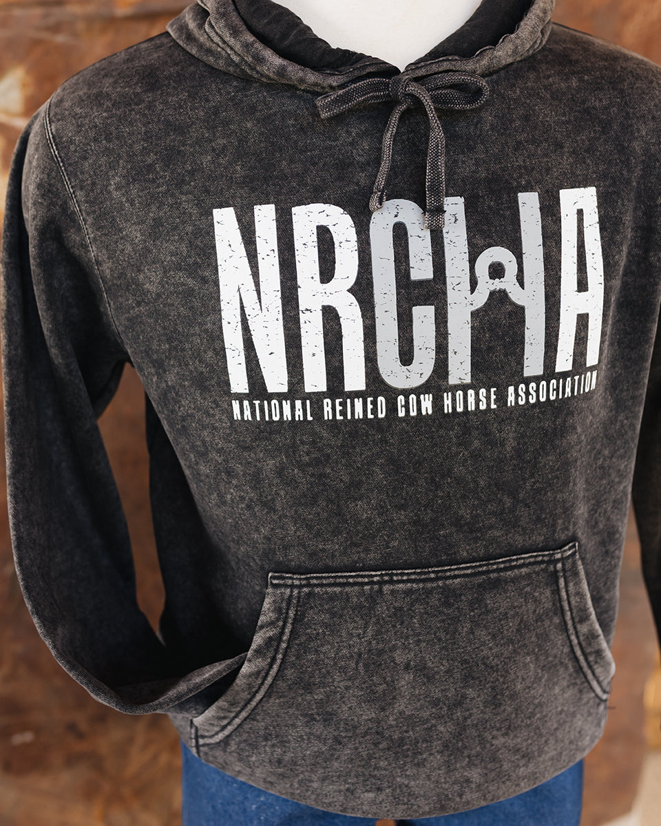 NRCHA Unisex Distressed Logo Black Mineral Wash Hoodie