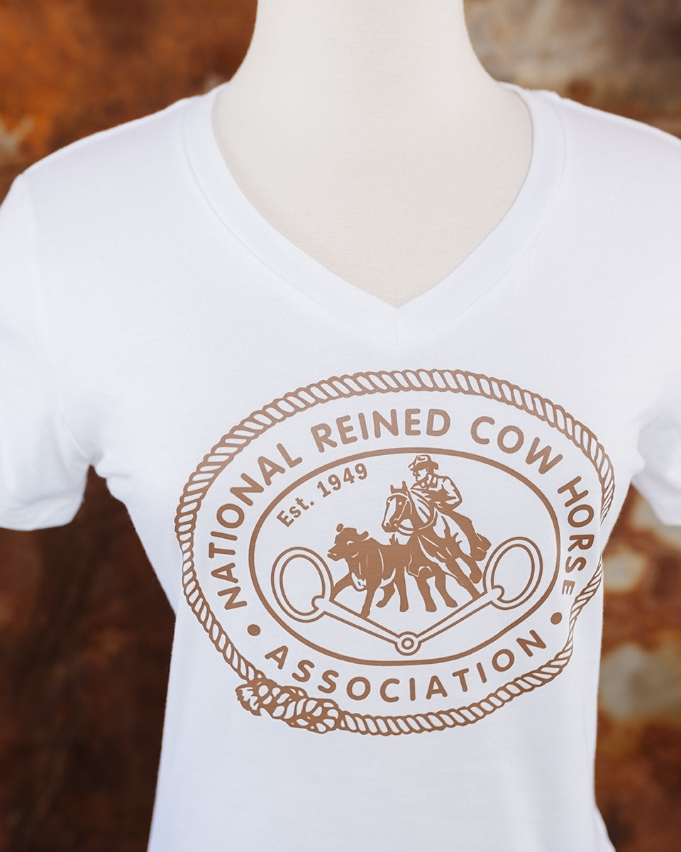 NRCHA Ladies White Vintage Logo Short Sleeve V-Neck T-shirt