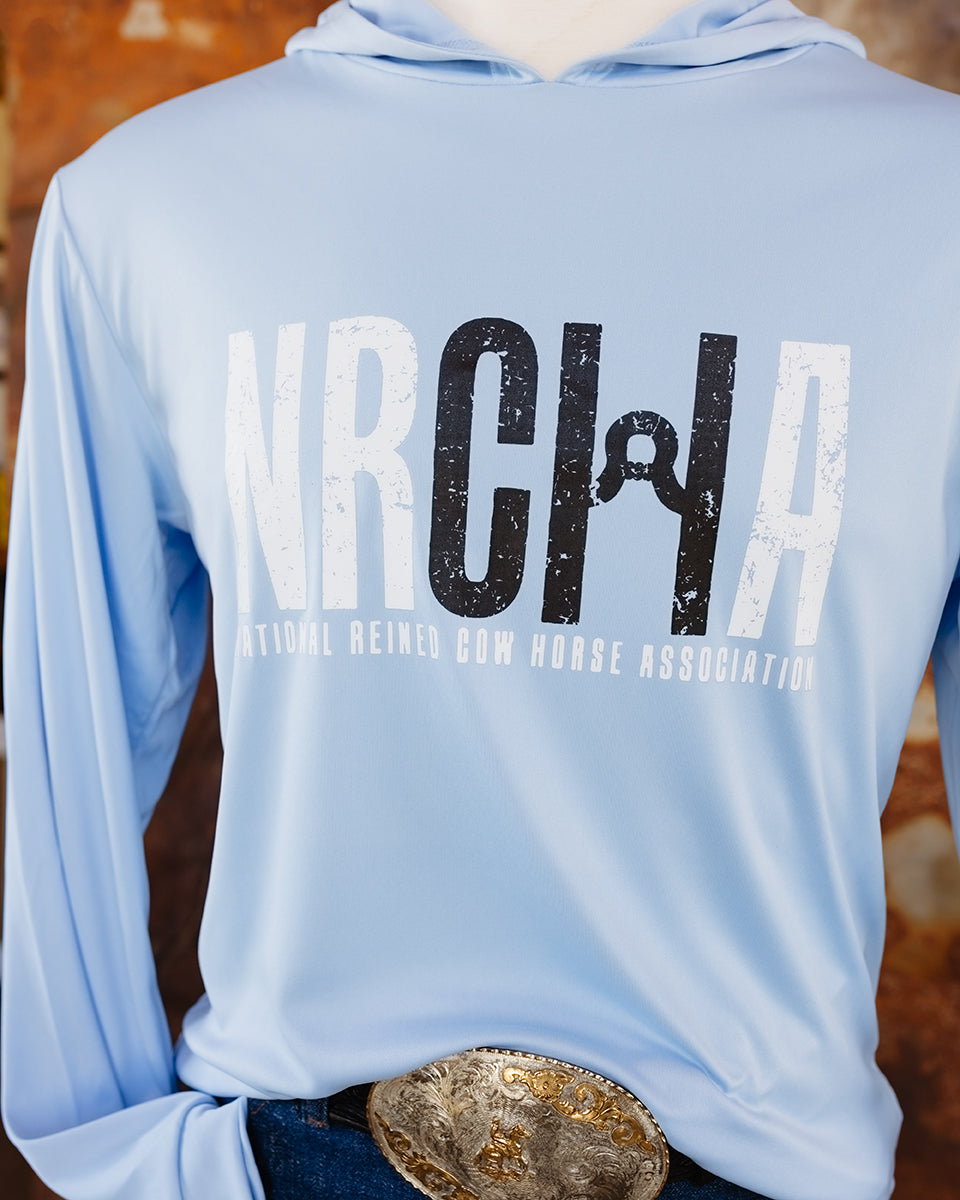 NRCHA Unisex Paragon Sun Protection Hooded Blue Mist Long Sleeve Tee