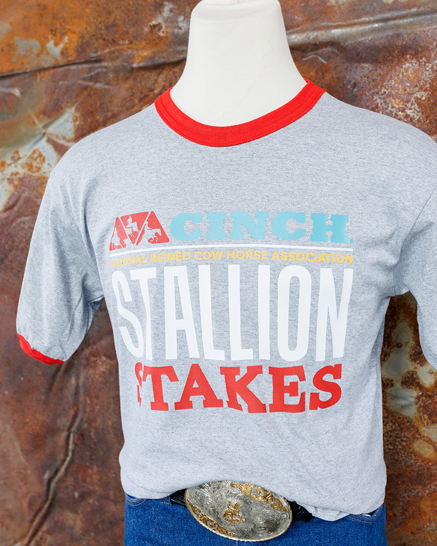 NRCHA STALLION STAKES 2026 Men's/Unisex Grey and Red Ringer Short Sleeve T-shirt