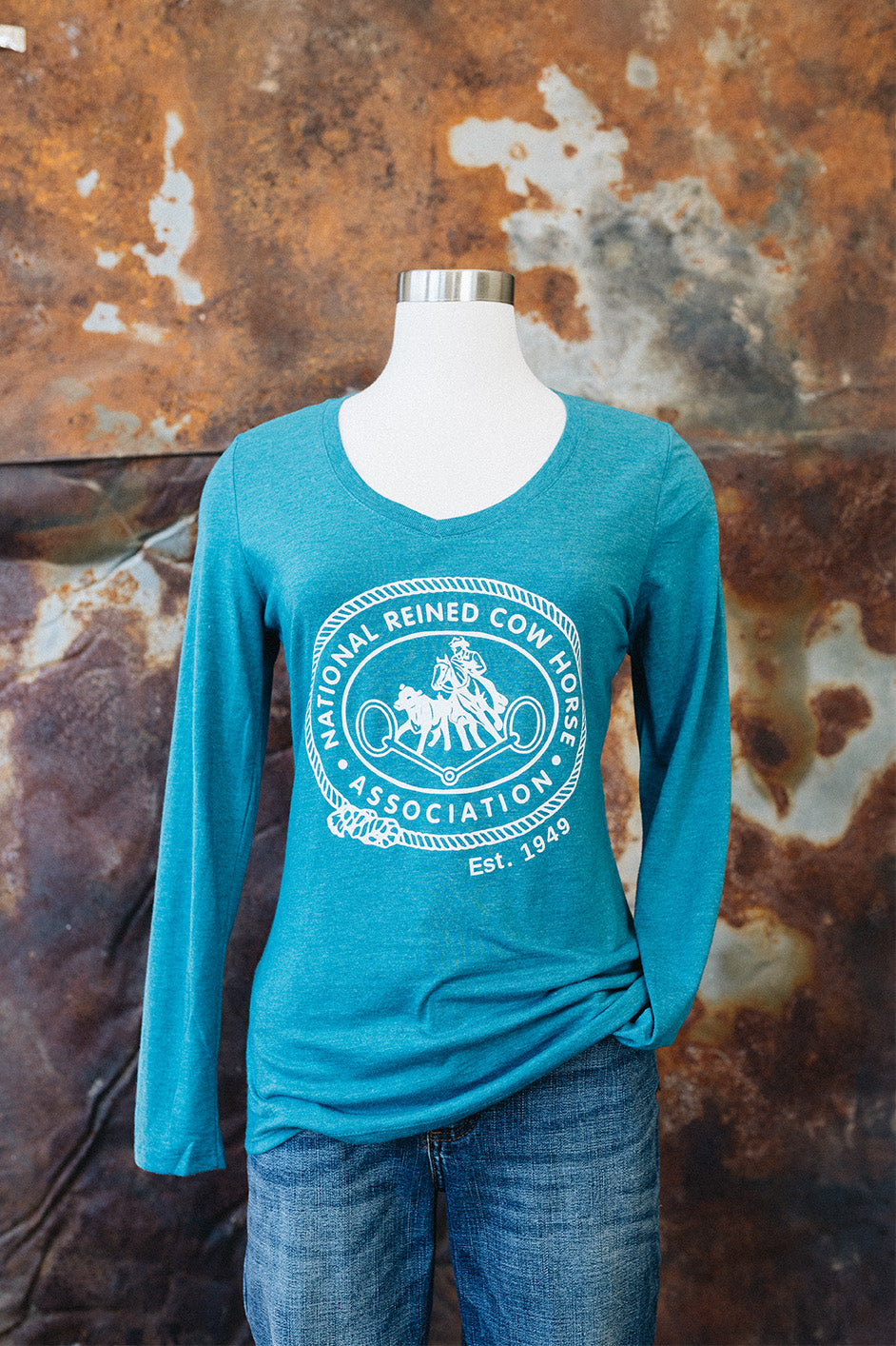 Women's NRCHA Retro Logo Heather Teal Long Sleeve V-Neck Tee