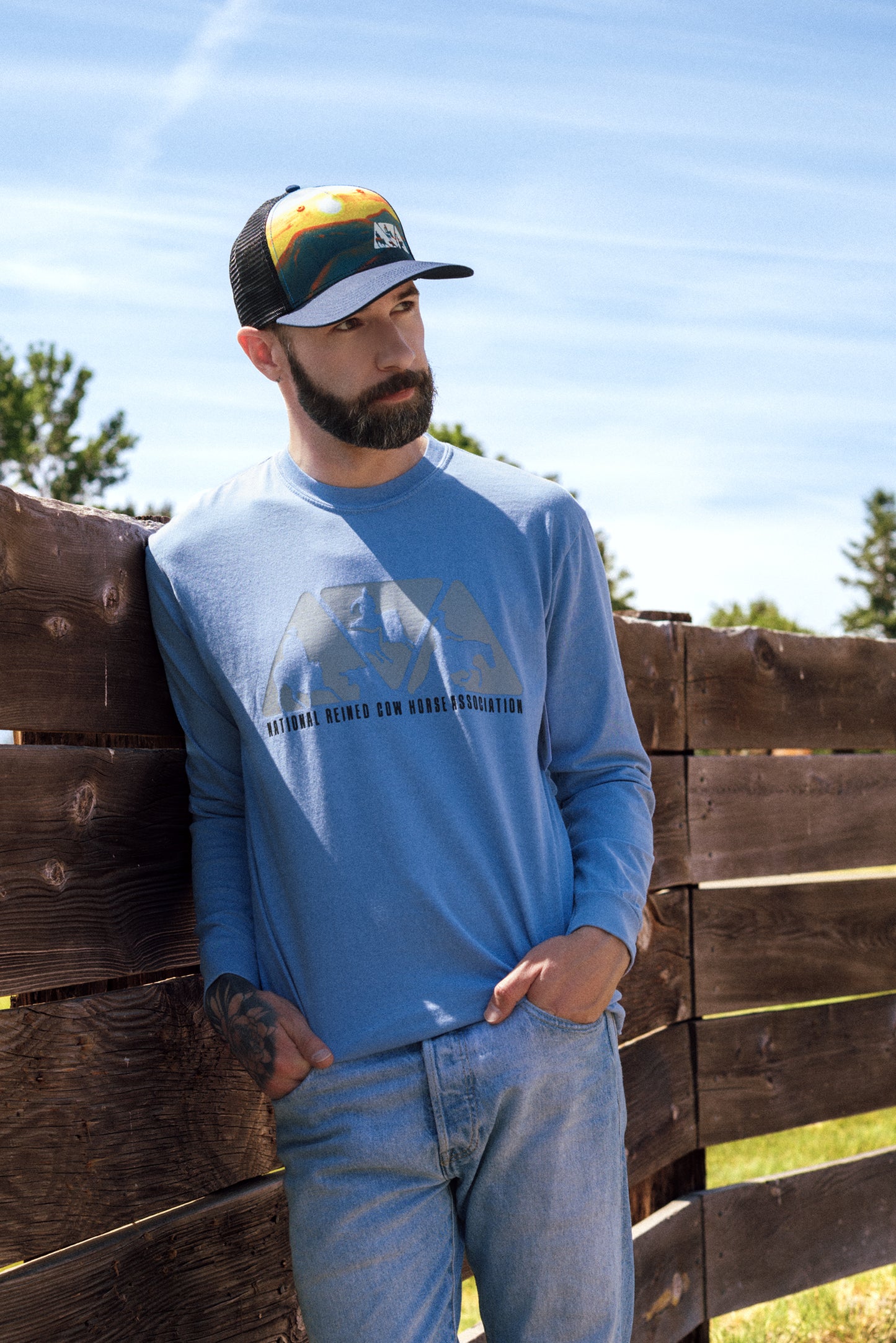Men's NRCHA Denim Blue Triangle Logo Long Sleeve T-shirt
