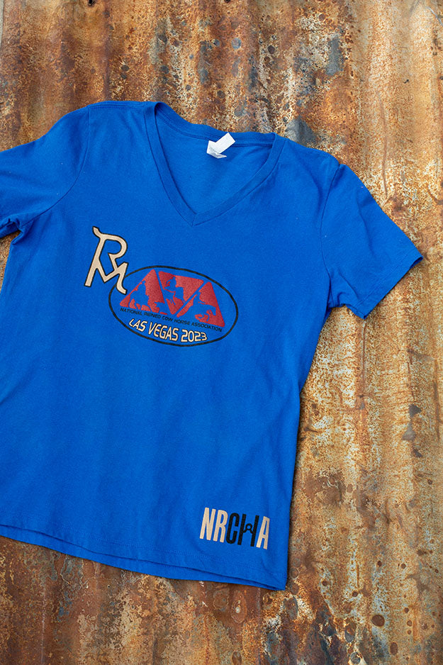 Run For a Million and NRCHA 2023 Ladie's Blue V Neck Tee
