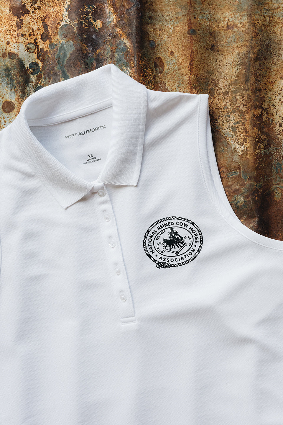Women's NRCHA Vintage Logo White UV Micro-Mesh Sleeveless Polo