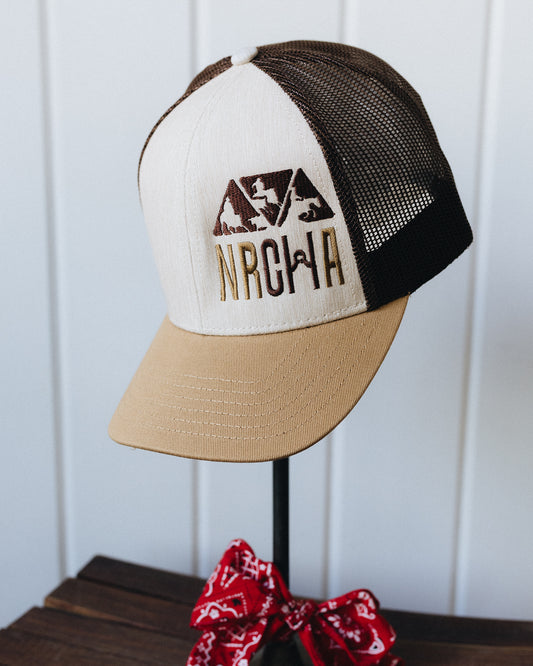 Tan, Gold and Brown Stacked NRCHA Logo Mesh Hat