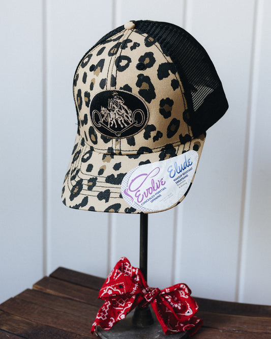 Leopard Print Retro NRCHA Logo Mesh Ponytail Hat