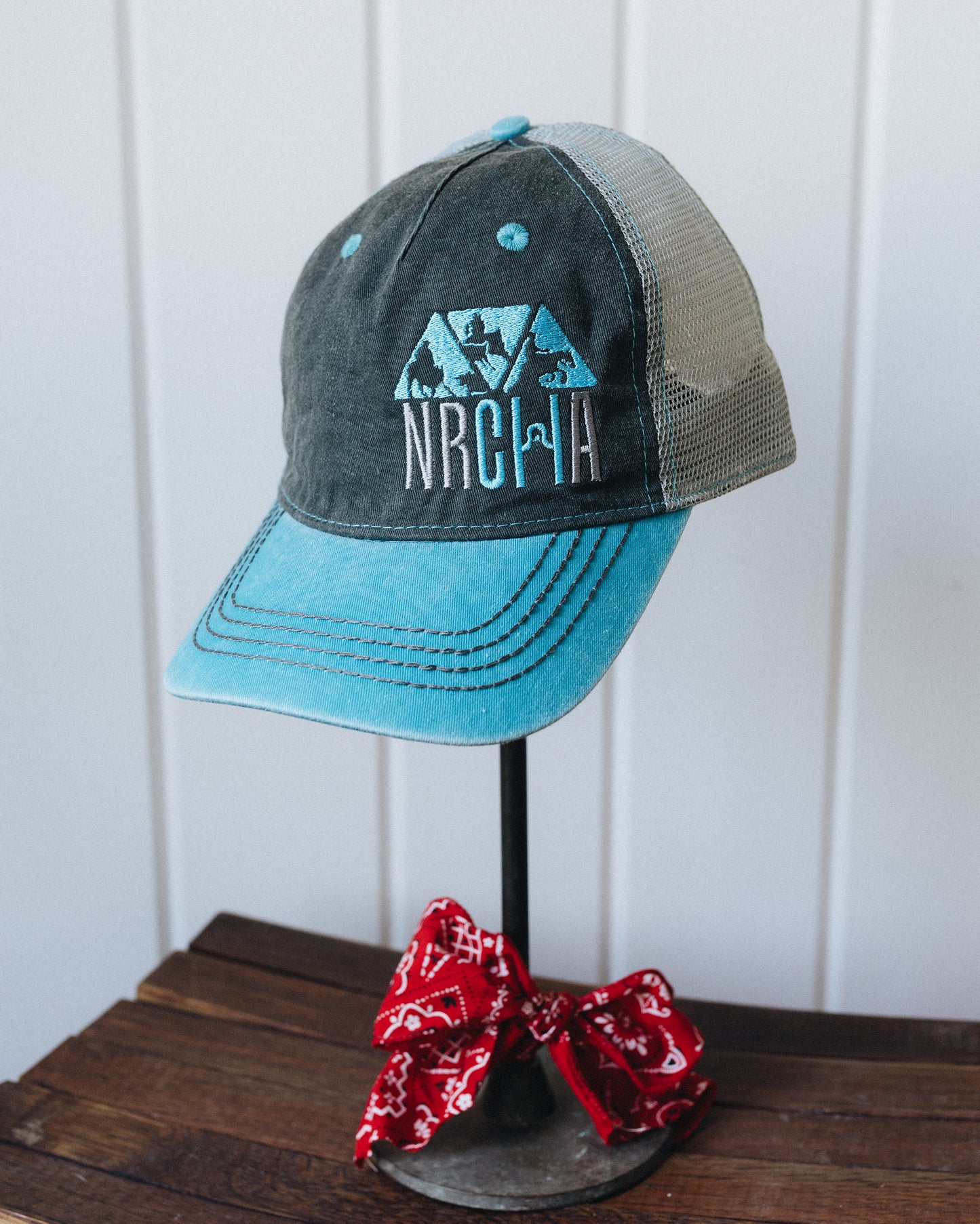 Grey and Turquoise Stacked NRCHA Logo Soft Mesh Hat