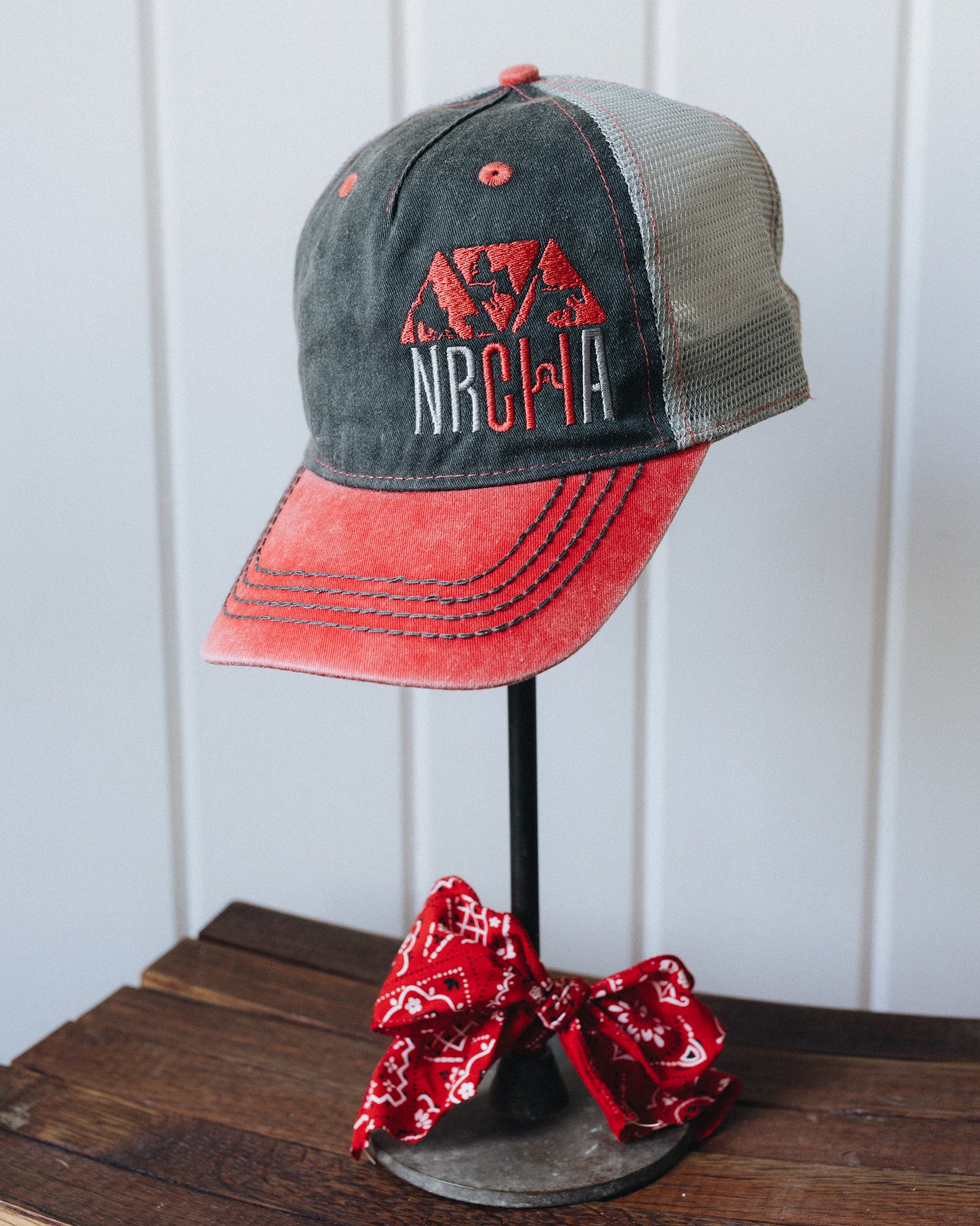 Washed Red and Grey Stacked NRCHA Logo Soft Mesh Hat