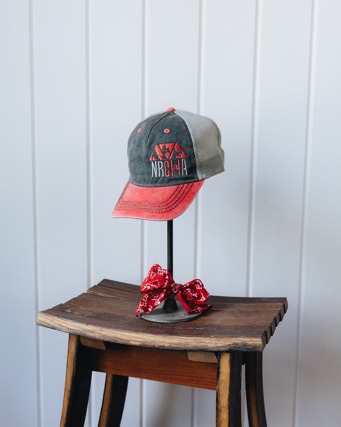 Washed Red and Grey Stacked NRCHA Logo Soft Mesh Hat