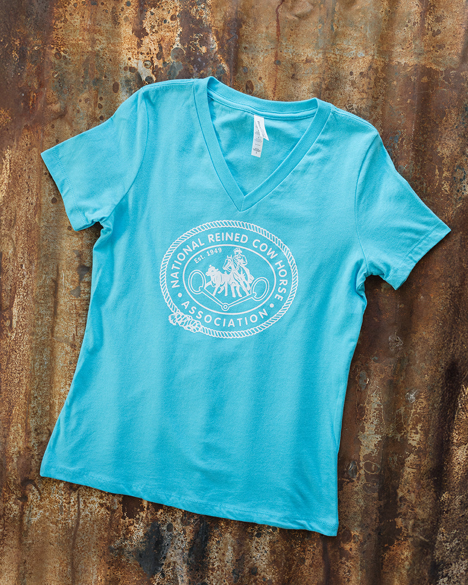 Women's Retro NRCHA Logo Turquoise V Neck