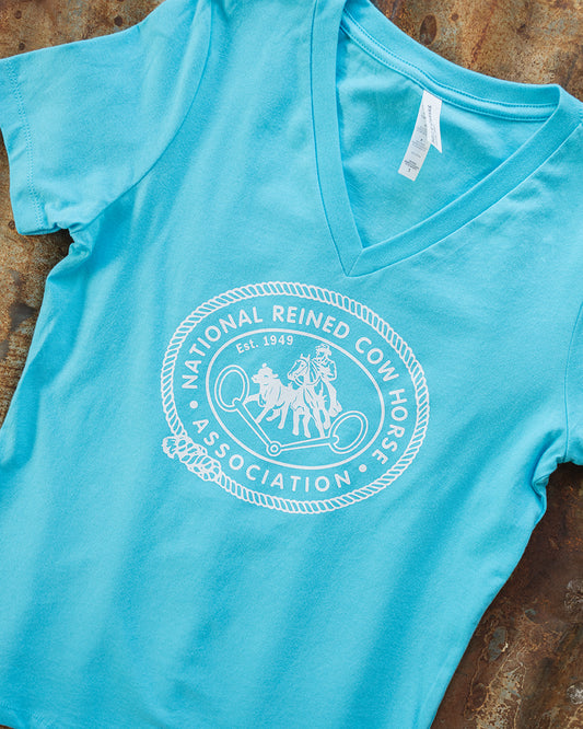 Women's Retro NRCHA Logo Turquoise V Neck