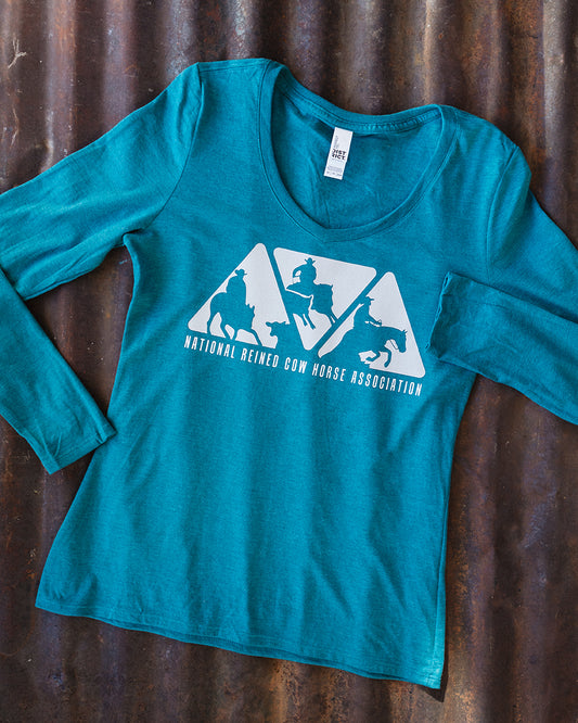 NRCHA Ladies Heather Teal Classic Triangle Logo Long Sleeve V-Neck T-shirt