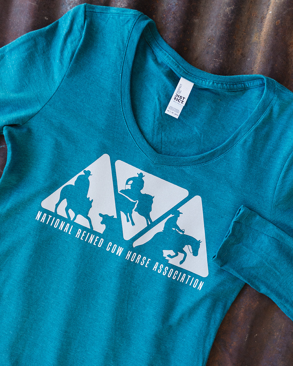 NRCHA Ladies Heather Teal Classic Triangle Logo Long Sleeve V-Neck T-shirt