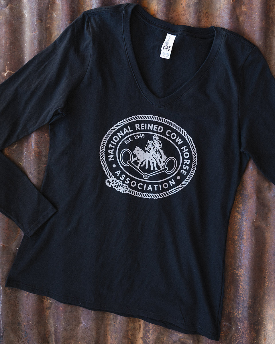 NRCHA Ladies Black Vintage Logo Long Sleeve V-Neck T-shirt