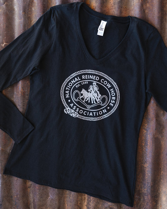 NRCHA Ladies Black Vintage Logo Long Sleeve V-Neck T-shirt