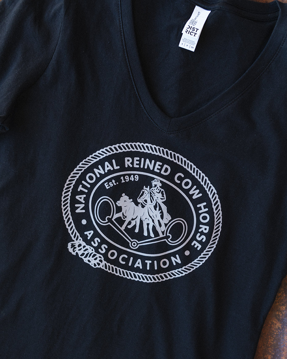 NRCHA Ladies Black Vintage Logo Long Sleeve V-Neck T-shirt