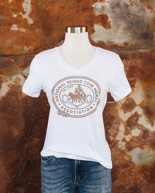NRCHA Ladies White Vintage Logo Short Sleeve V-Neck T-shirt