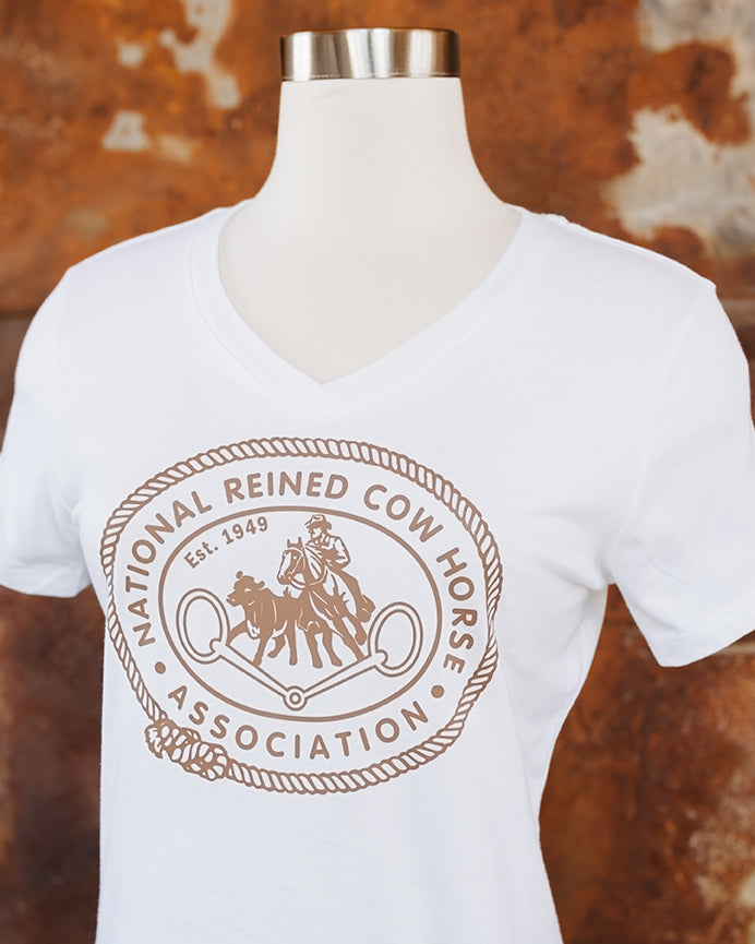 NRCHA Ladies White Vintage Logo Short Sleeve V-Neck T-shirt