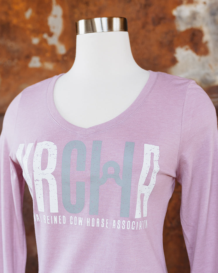 NRCHA Ladies Wisteria Pink Distressed Logo Long Sleeve V-Neck T-shirt