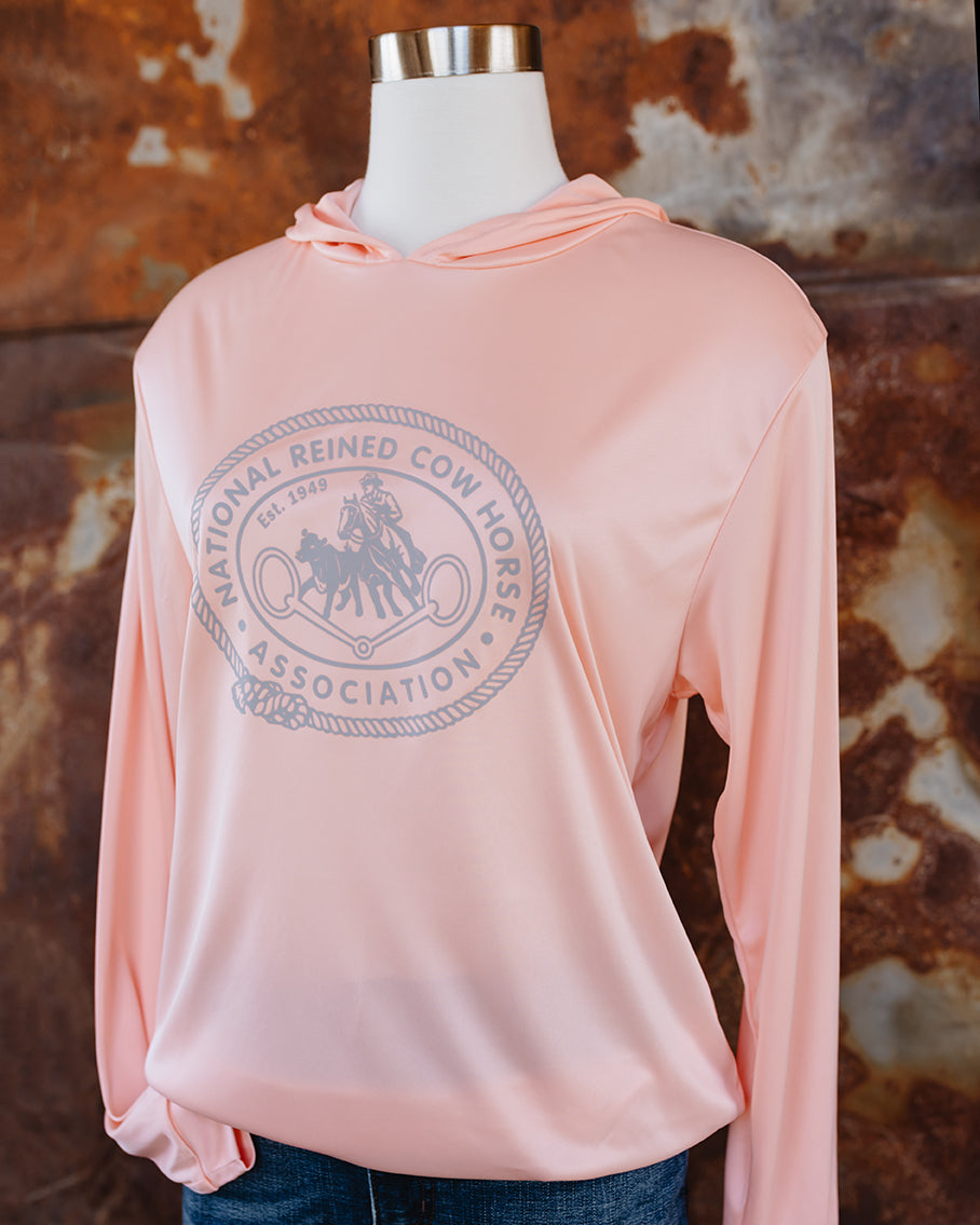 NRCHA Unisex Paragon Performance Hooded Coral Long Sleeve Tee
