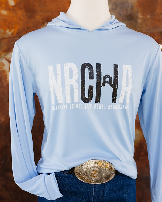 NRCHA Unisex Paragon Sun Protection Hooded Blue Mist Long Sleeve Tee