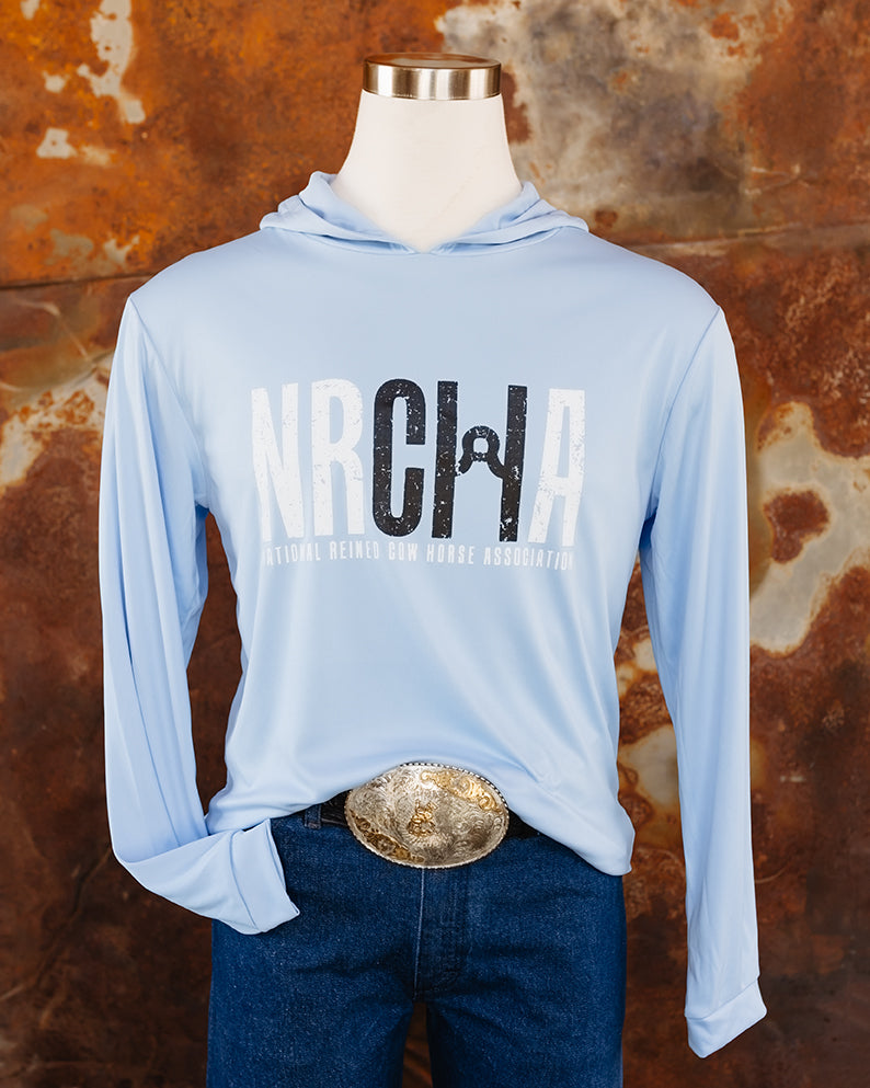 NRCHA Unisex Paragon Sun Protection Hooded Blue Mist Long Sleeve Tee