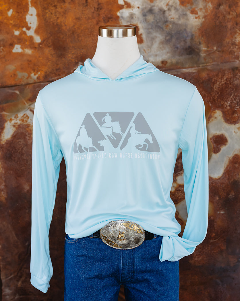 NRCHA Unisex Paragon Performance Hooded Aqua Blue Long Sleeve Tee
