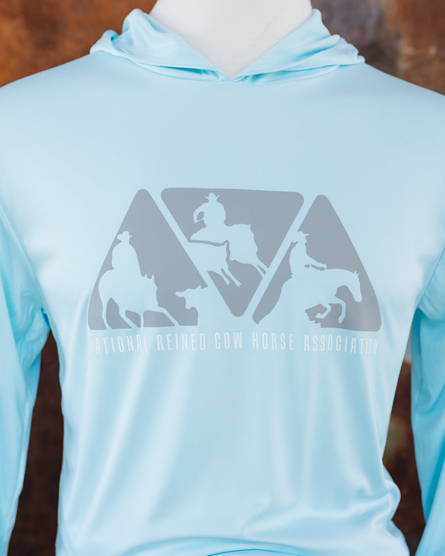 NRCHA Unisex Paragon Performance Hooded Aqua Blue Long Sleeve Tee