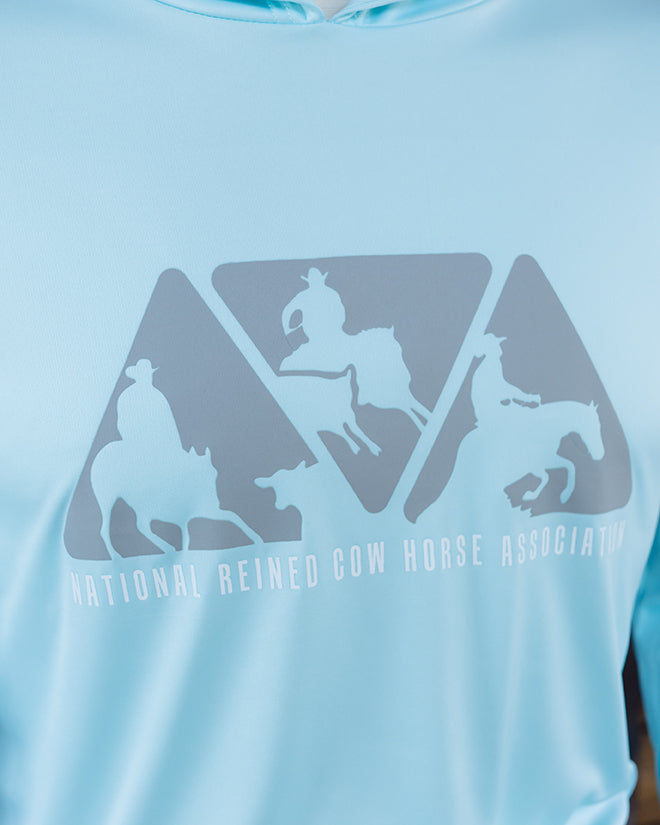 NRCHA Unisex Paragon Performance Hooded Aqua Blue Long Sleeve Tee