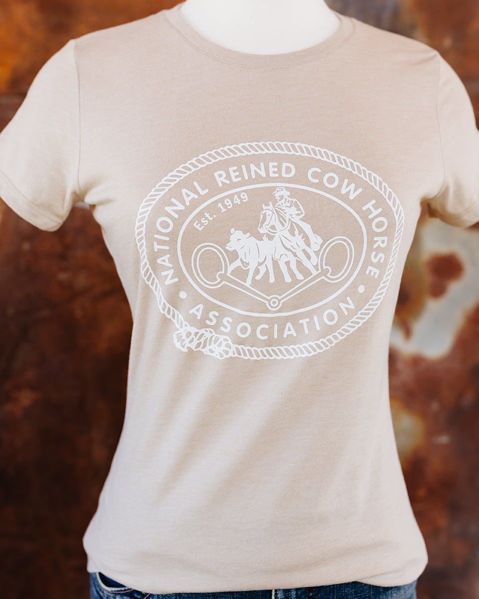 NRCHA Ladies Desert Tan Retro Logo Short Sleeve Crewneck T-shirt