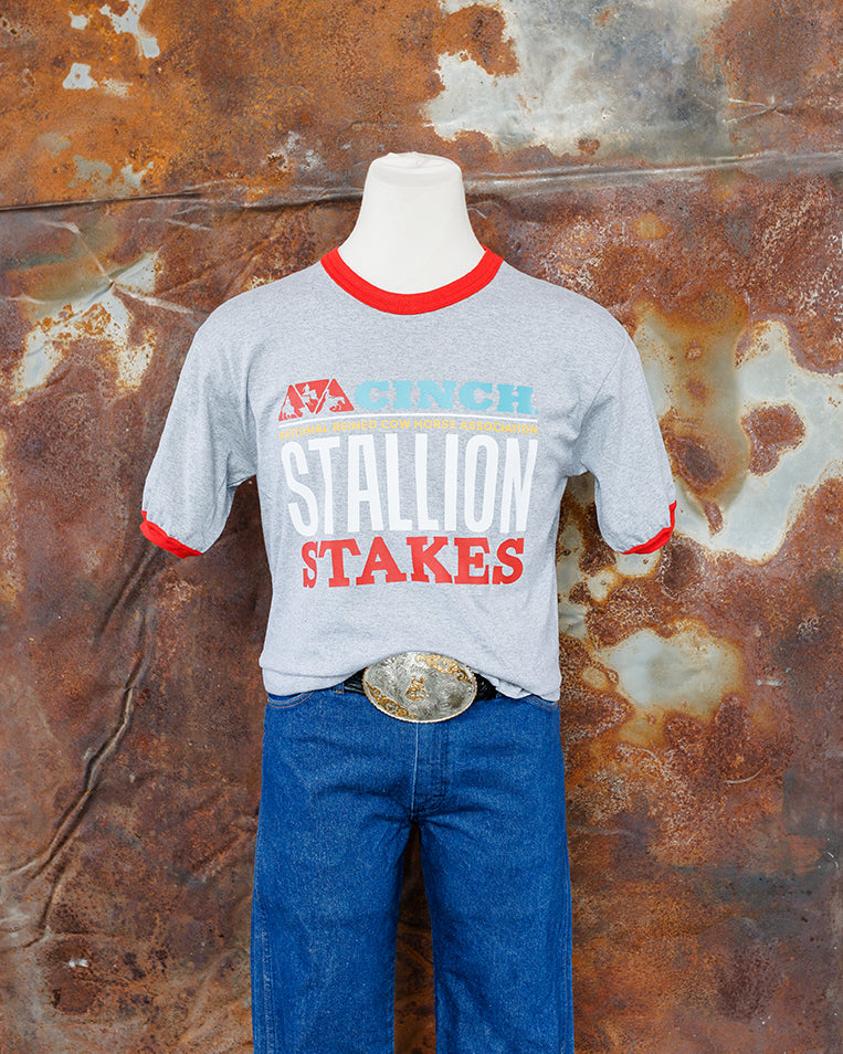 NRCHA STALLION STAKES 2026 Men's/Unisex Grey and Red Ringer Short Sleeve T-shirt
