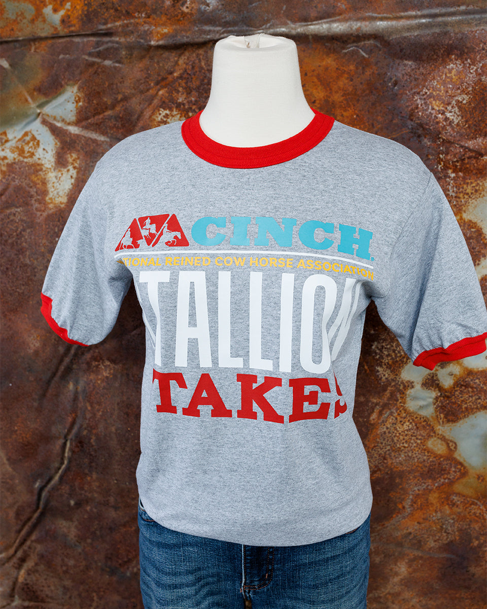 NRCHA STALLION STAKES 2026 Men's/Unisex Grey and Red Ringer Short Sleeve T-shirt