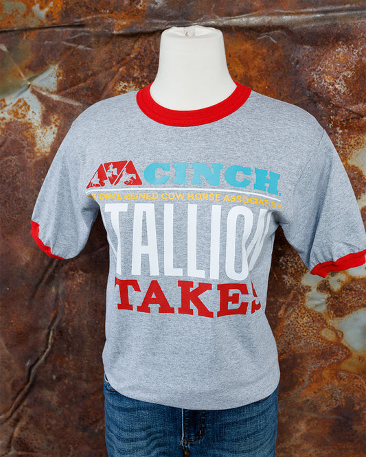 NRCHA STALLION STAKES 2026 Men's/Unisex Grey and Red Ringer Short Sleeve T-shirt