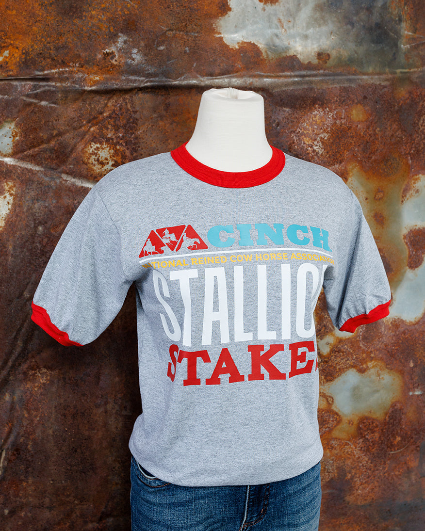 NRCHA STALLION STAKES 2026 Men's/Unisex Grey and Red Ringer Short Sleeve T-shirt
