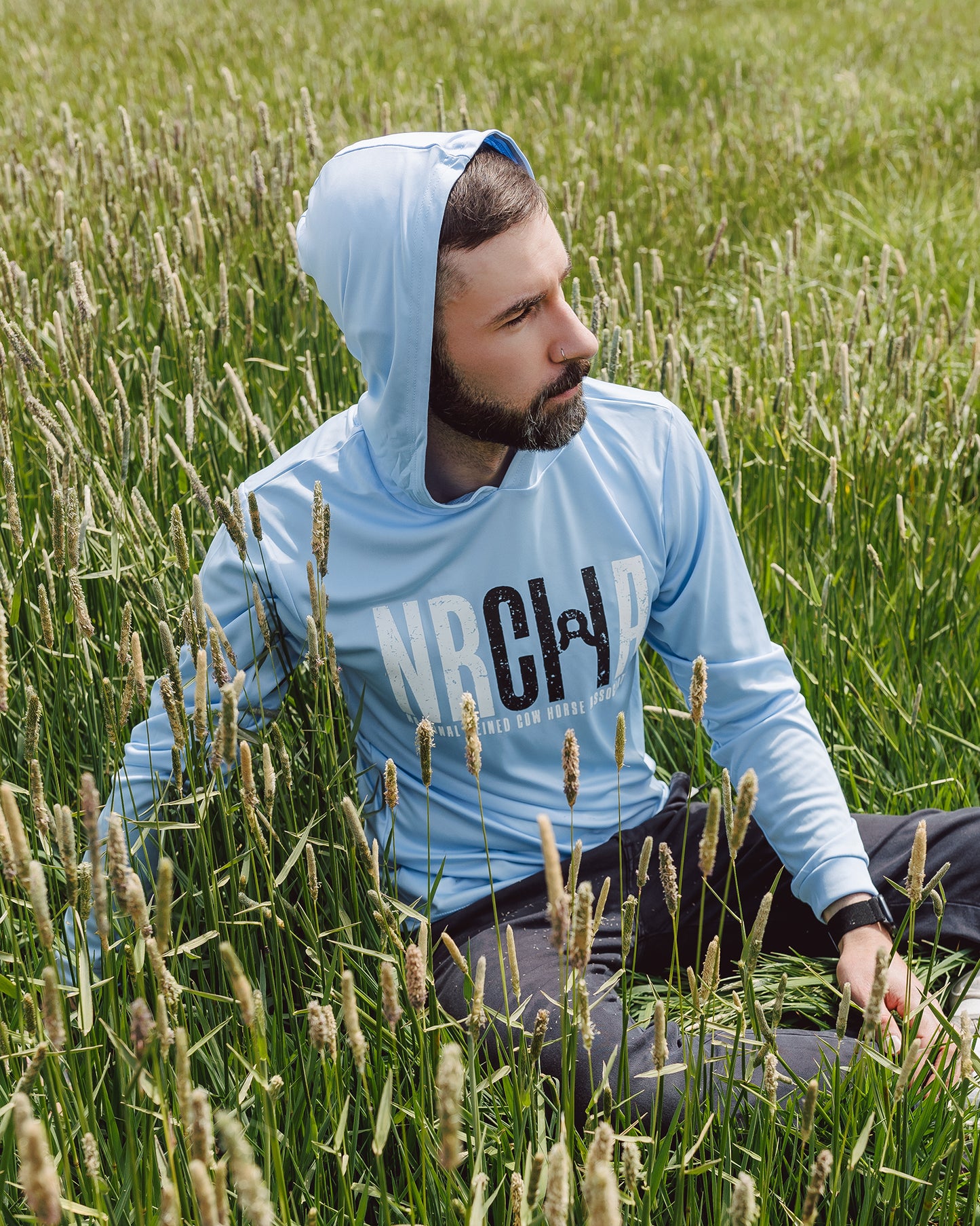 NRCHA Unisex Paragon Sun Protection Hooded Blue Mist Long Sleeve Tee