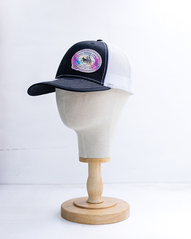 NRCHA Watercolor Patch Retro Logo Black & White Mesh Hat