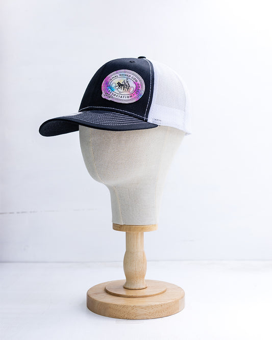 NRCHA Watercolor Patch Retro Logo Black & White Mesh Hat
