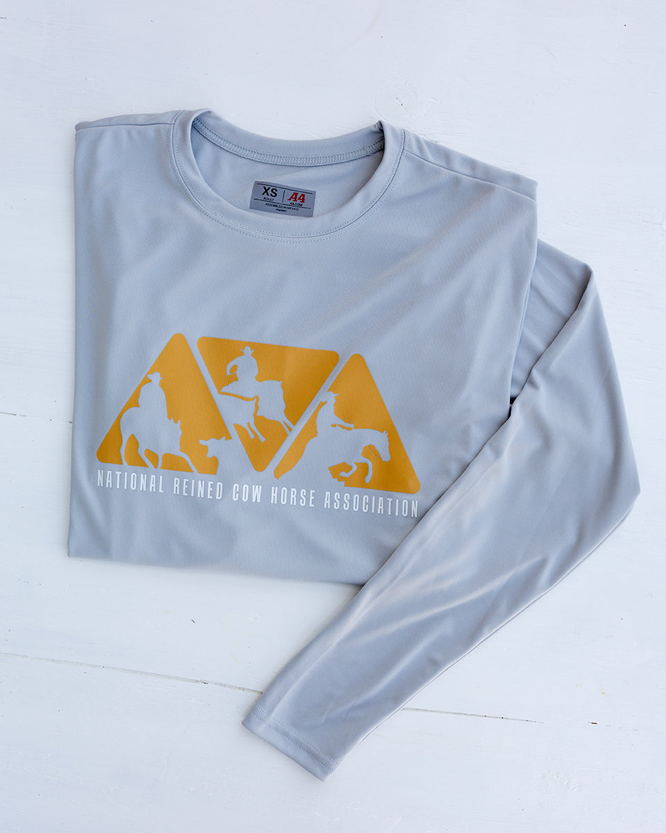 NRCHA Triangle Logo Unisex Performance Light Grey Long Sleeve Crew Neck Tee