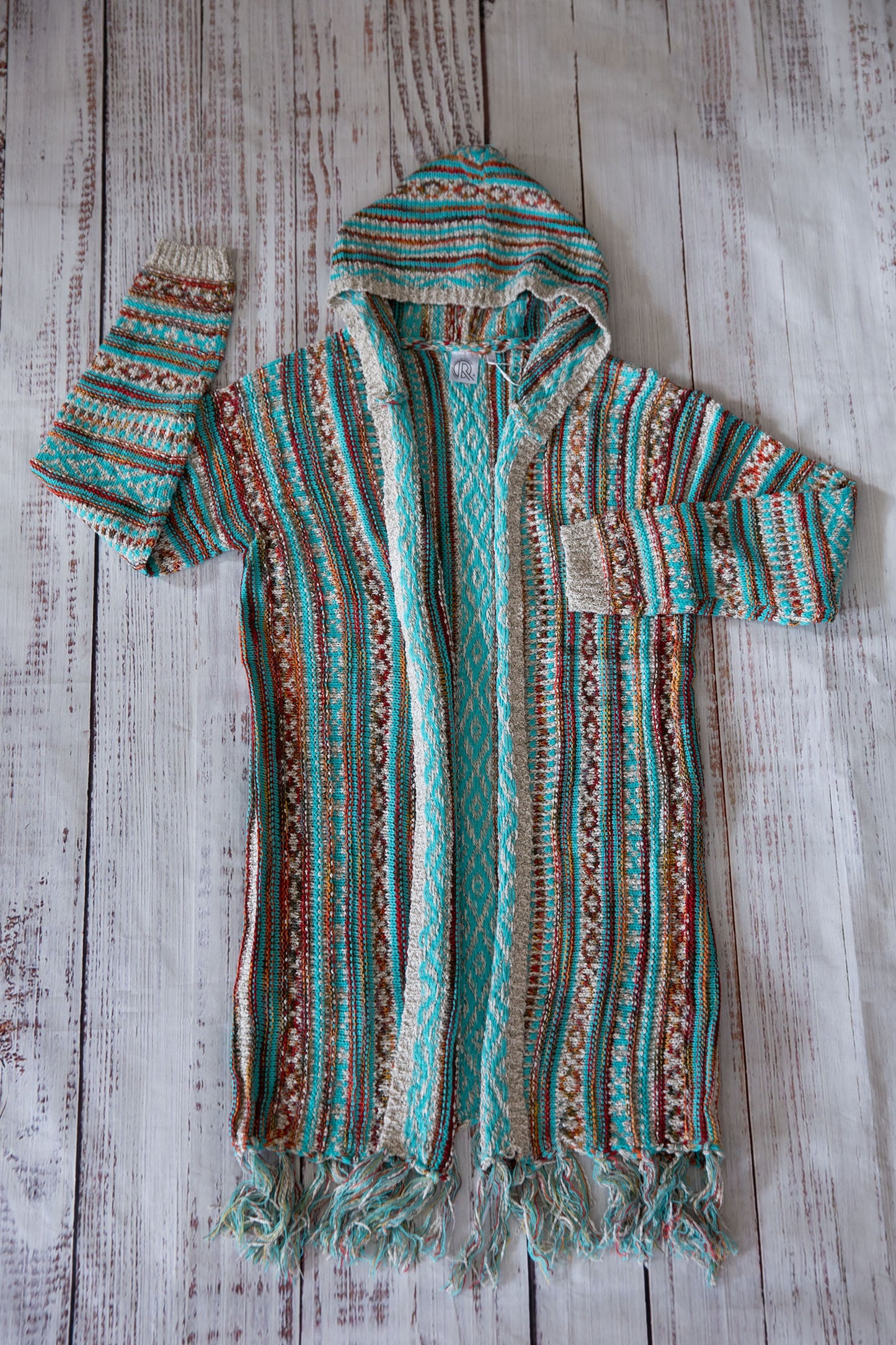 Turquoise and Red Striped Hooded Long Fringed Cardigan